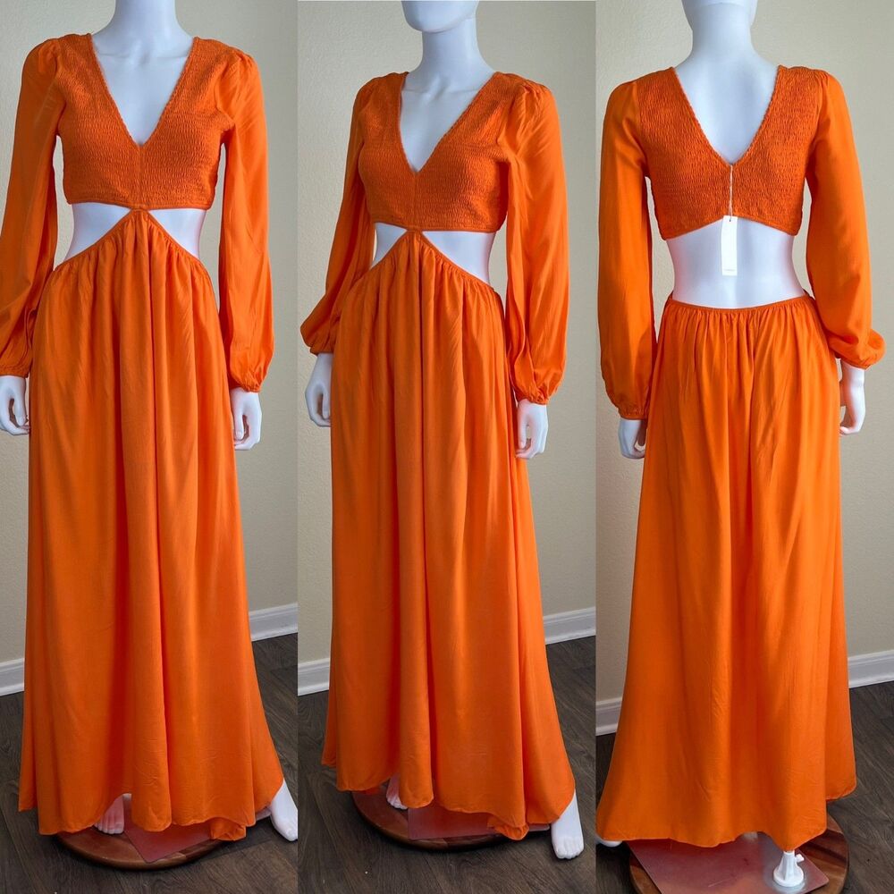 Vici x Fate Women's Size M Orange You Glad It's Summer Smocked Cutout Maxi Dress